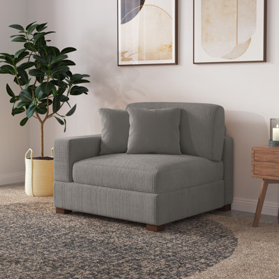 Upholstered Light Gray Corduroy Armchair with Pillow Back and Solid Wood Legs