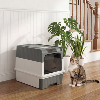 Bac à litière pour chat avec couvercle à bac d'entrée et sortie supérieure facile à nettoyer - gris