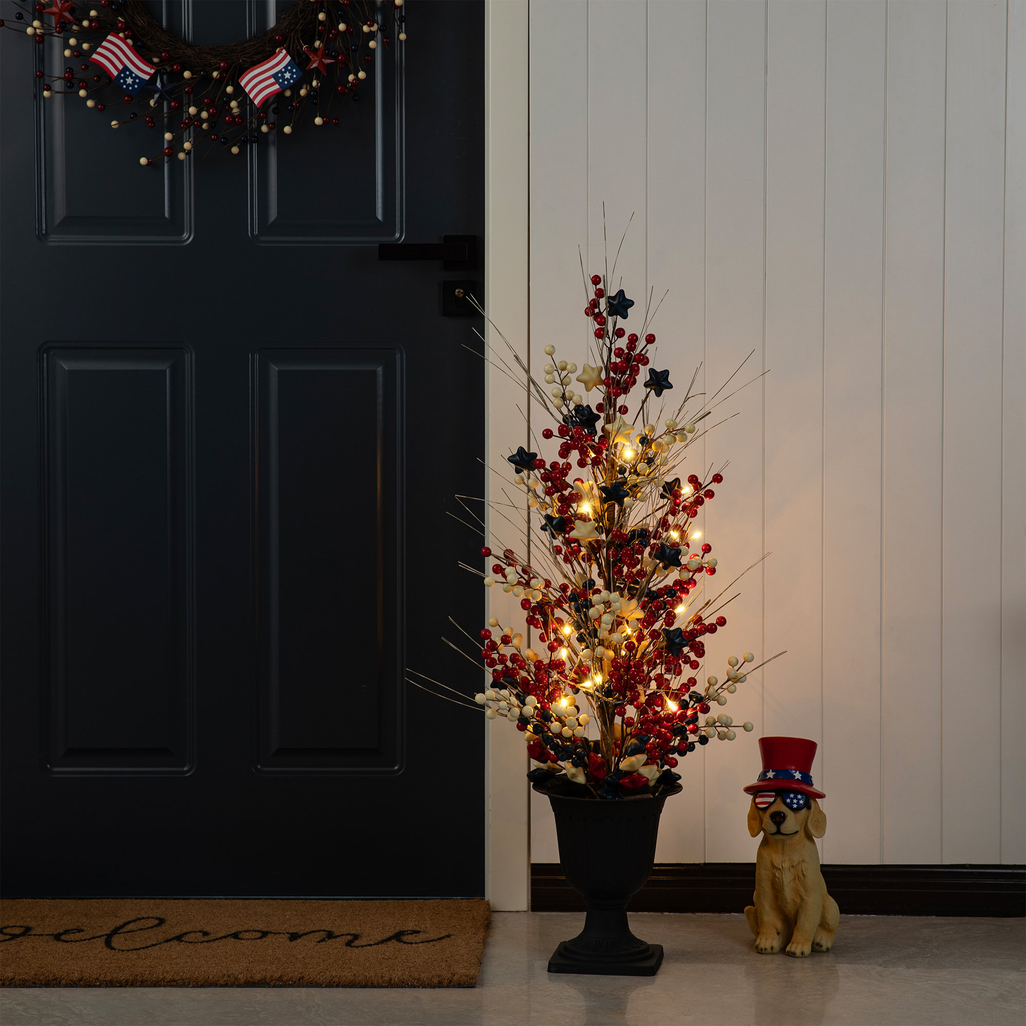 36"H Patriotic / Americana Lighted Berry And Stars Urn Porch Tree, 20 Warm White Lights With Timer