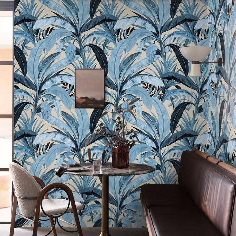 Tropical Wallpaper Blue Beige