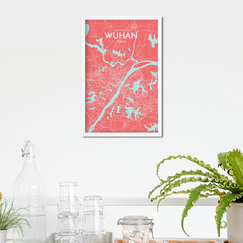 Carte de la ville de Whan, impression, H 17 po x l 11 po, Rose / bleu pastel