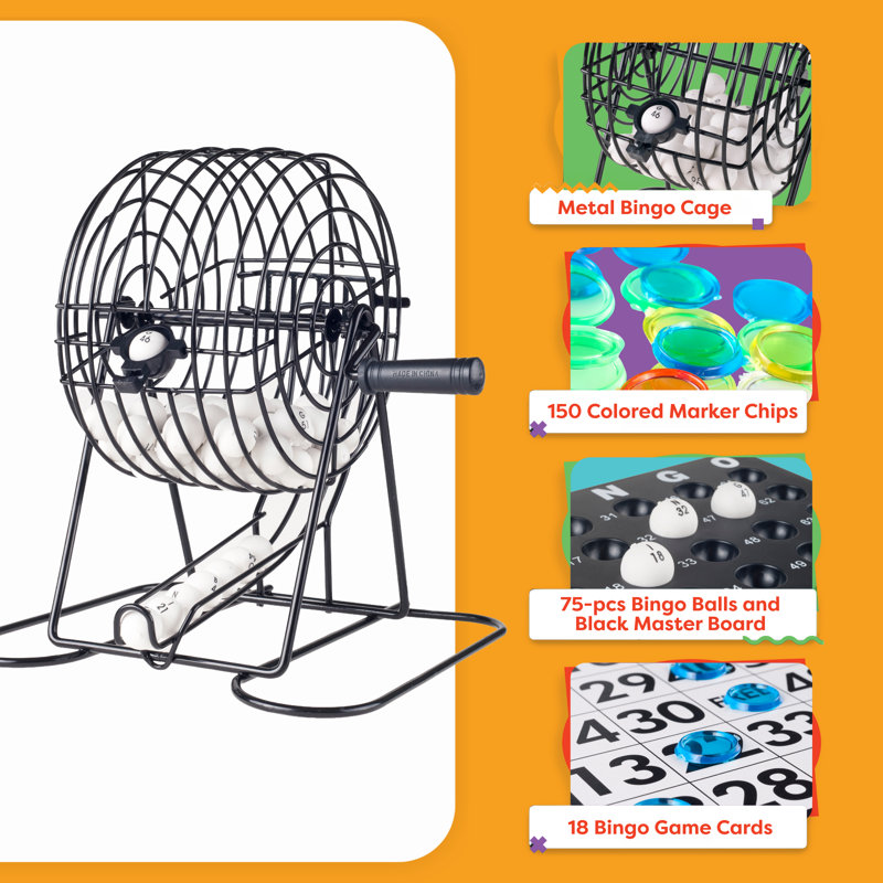 Complete Bingo Set for Kids and Adults with Tumbler Cage, Master Board, Sheets, and Markers