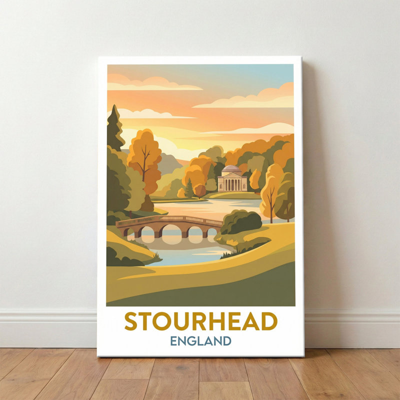 Stourhead, England - Romantic Lakeside Garden Travel Poster With Palladian Temple And Bridge. Giclee Print On Wrapped Canvas. Wall Art, Home Decor - Parks & Gardens, England - Wrapped Canvas Print