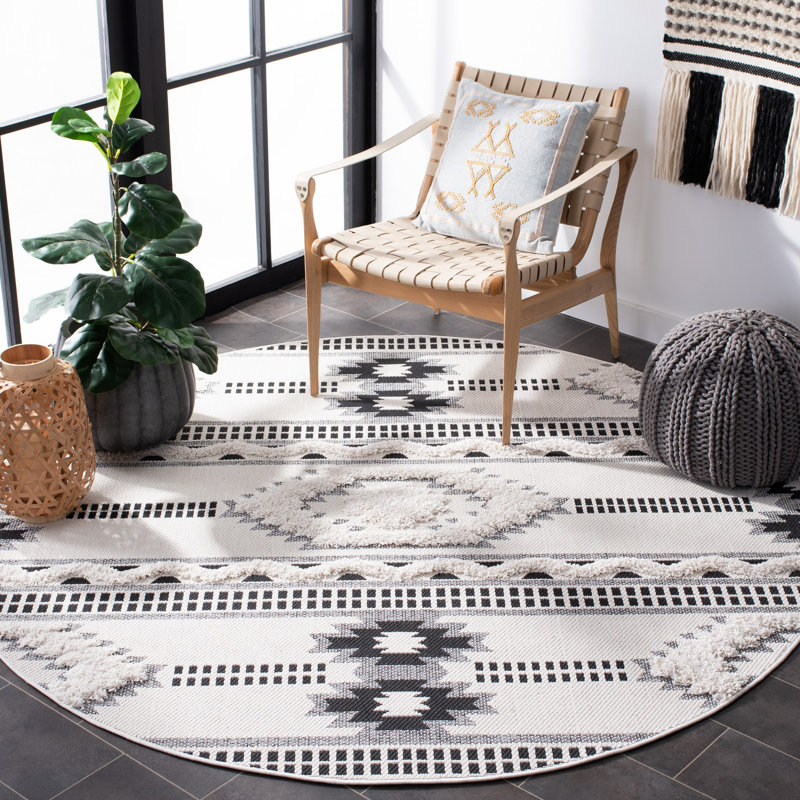 Tapis intérieur / extérieur ivoire / noir Oumar, Rond 6 pi 7 po