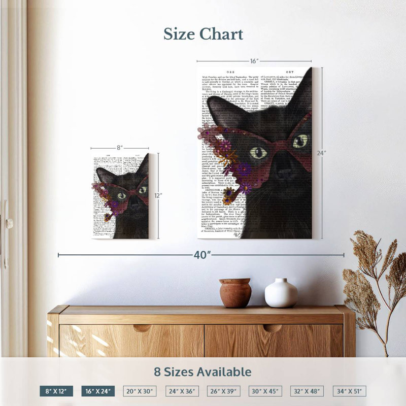 Chat Ketti et verres à fleurs II, H 12 po x l 8 po