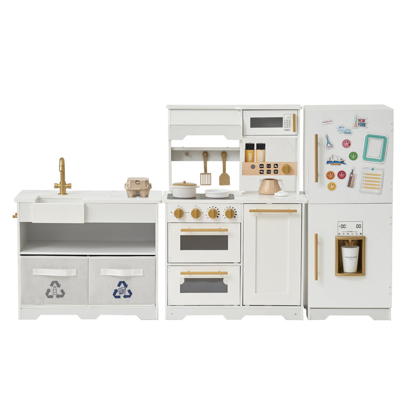 Teamson Kids Little Chef Atlanta Large Modular Wooden Play Kitchen + 17 Accessories and Interactive Toy Appliances - White/Gold
