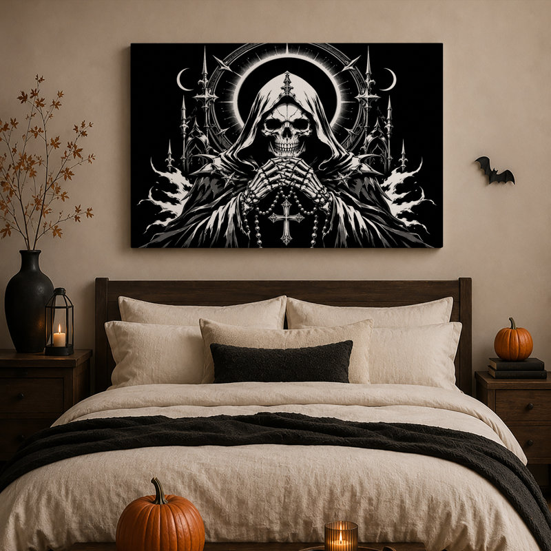 Art mural sur toile à capuchon, squelette priant avec croix, H 12 po x l 18 po