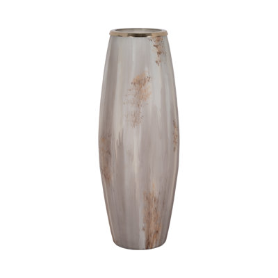 Modern Textured Tall Glass Vase for Home Decor - Decorative Table Flower Vase with Metal Rim for Living Room Styling and Tabletop Display - Tan