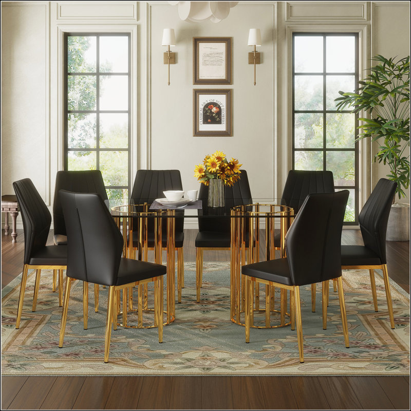 Table de salle à manger ovale en verre trempé avec base double colonne dorée et 8 chaises en polyuréthane noir, dossier ergonomique