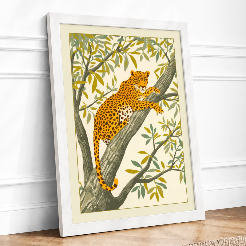 Resting Leopard Botanical - Framed Print, A2 - 59.4 x 42.0 cm, White