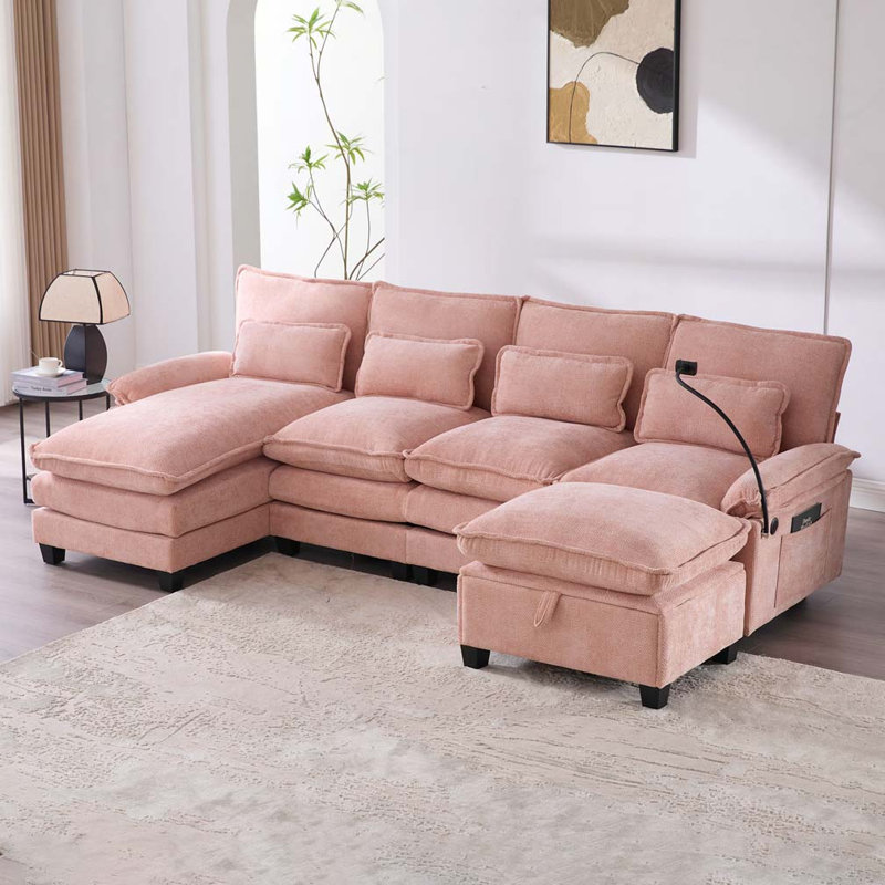 Chenille Fabric 106" U Shape Sectional Sofa, Pink