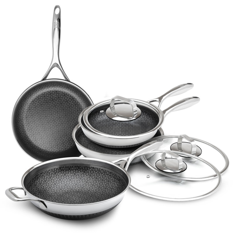 Livwell DiamondClad 7 Piece Hybrid Nonstick Stainless Steel Frying Pan Cookware Set with Wok and Tempered Glass Lids - PFOA Free, Dishwasher Safe, Oven Safe