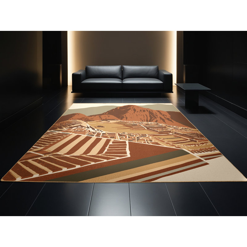 Machine Washable Paitlyn Machu Picchu Peru Global Inspired Block Print Rug in Brown – LightBrown Binding, 8x10