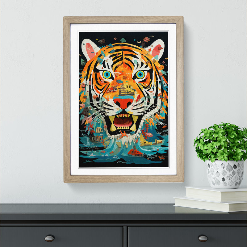 Tiger Dadaism - Single Picture Frame Print on Wood, 46cm H x 34cm W x 2cm D, Oak