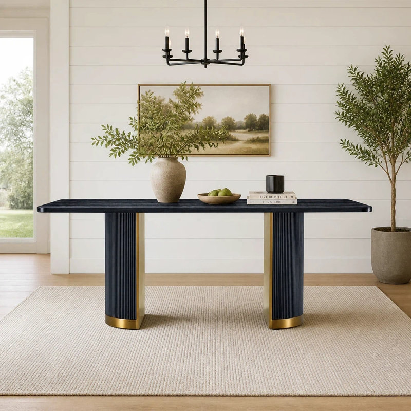 Table de salle à manger 78 "en bois noir avec base en métal doré