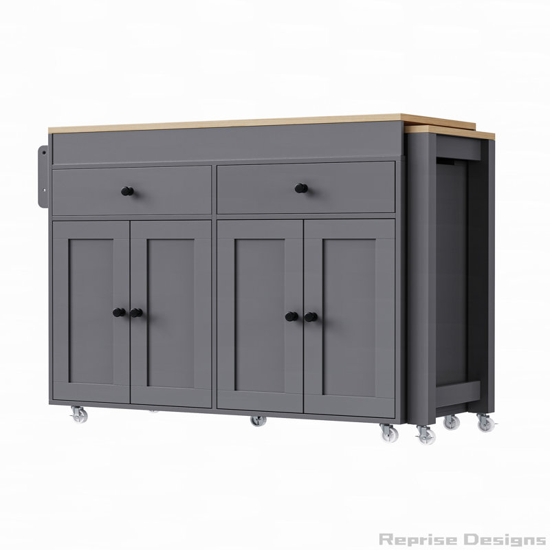 Rolling Kitchen Island with Extendable Dining Table with Spice Rack and 2 Drawers, Grey