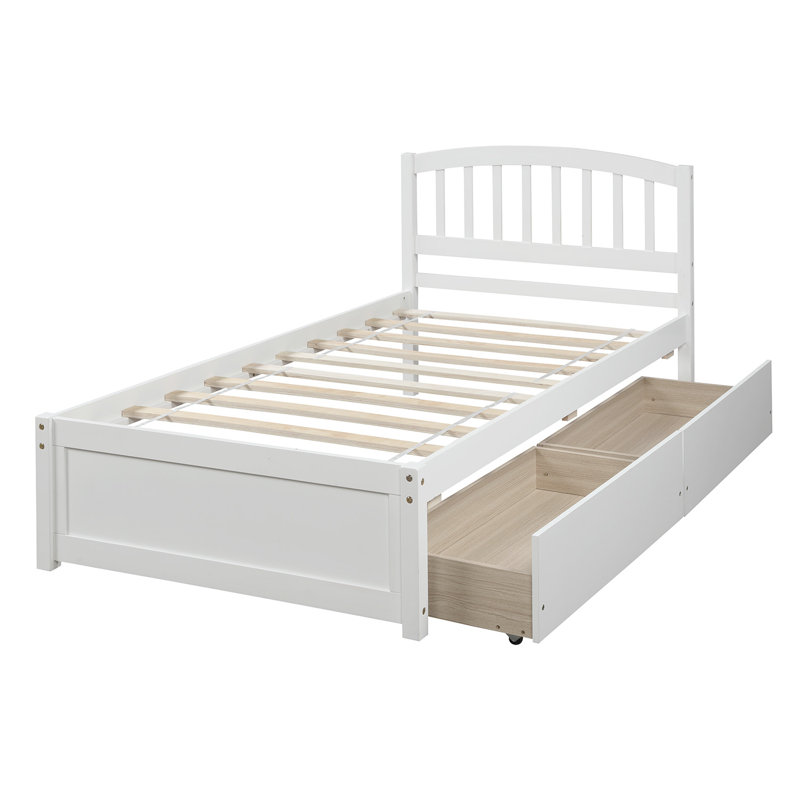 Lit plateforme simple avec tiroirs de rangement et tête de lit, Blanc