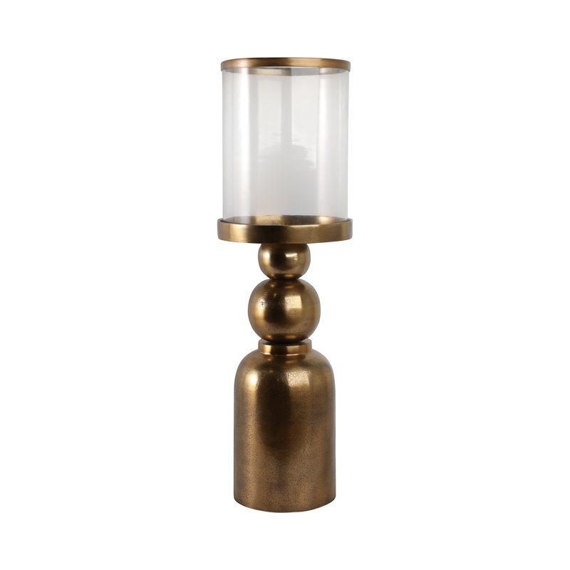 Modern Metal and Glass Pillar Candle Holder with Decorative Iron Base, 32" H x 10" W x 10" D