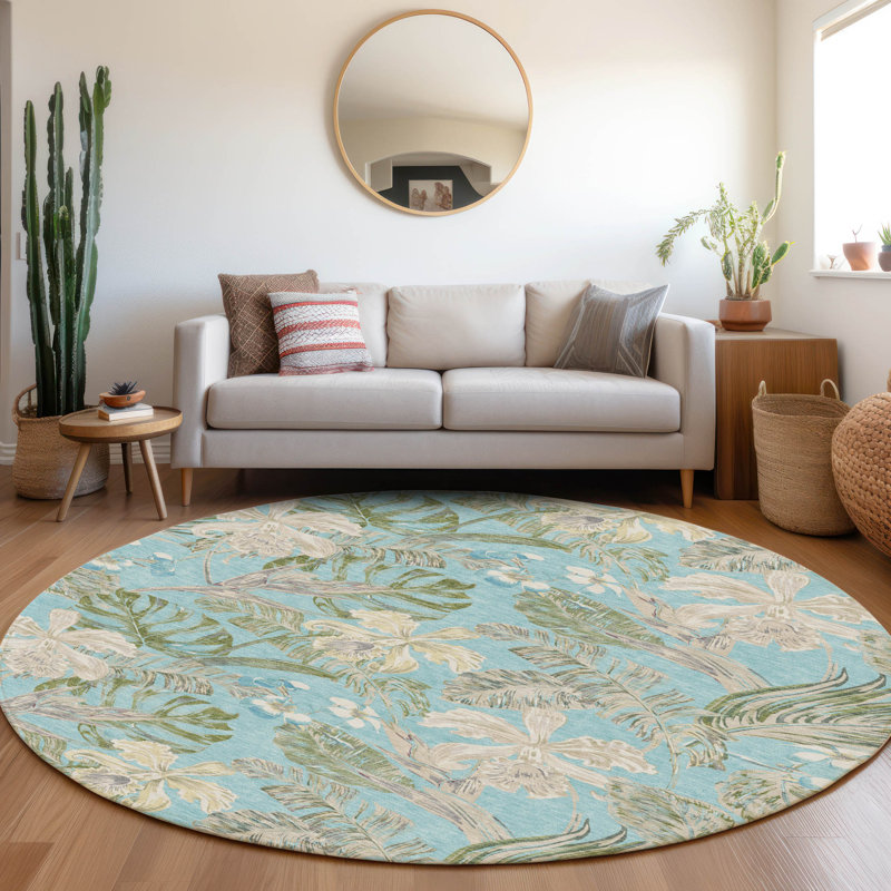 Machine Washable Indoor/Outdoor Cinead ACN1708 Teal Rug, Round 8'