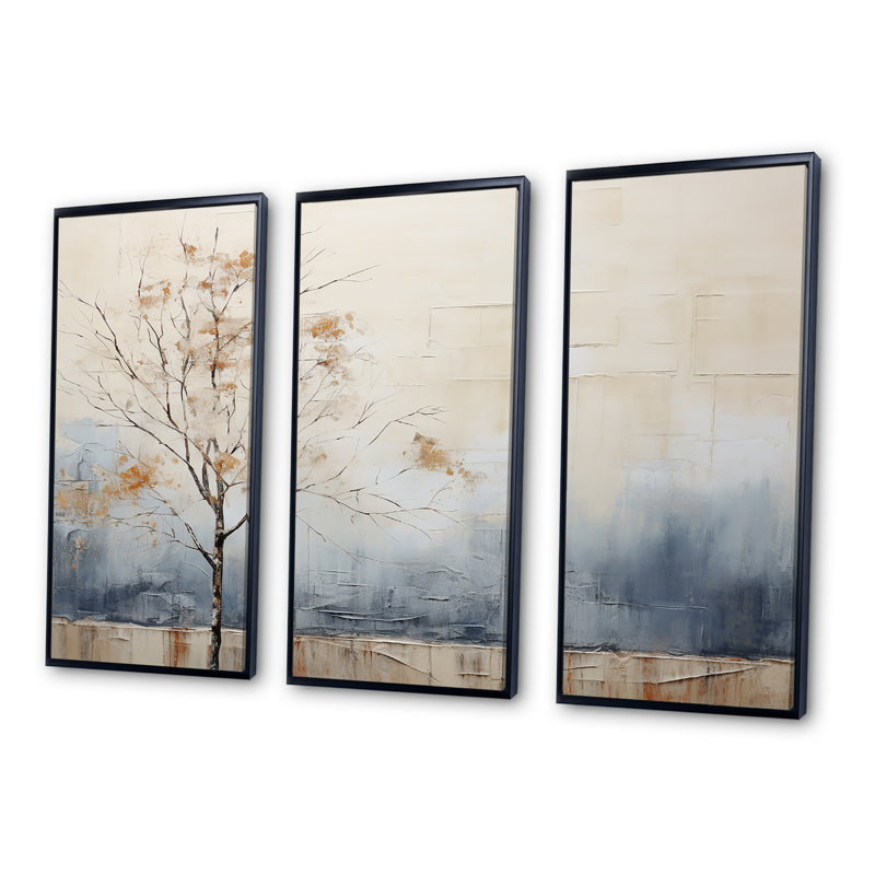 Minimalisme beige et bleu, campagne I - ensemble d'art mural campagne, Cadre flottant noir, H 32 po x l 48 po x P 1 po