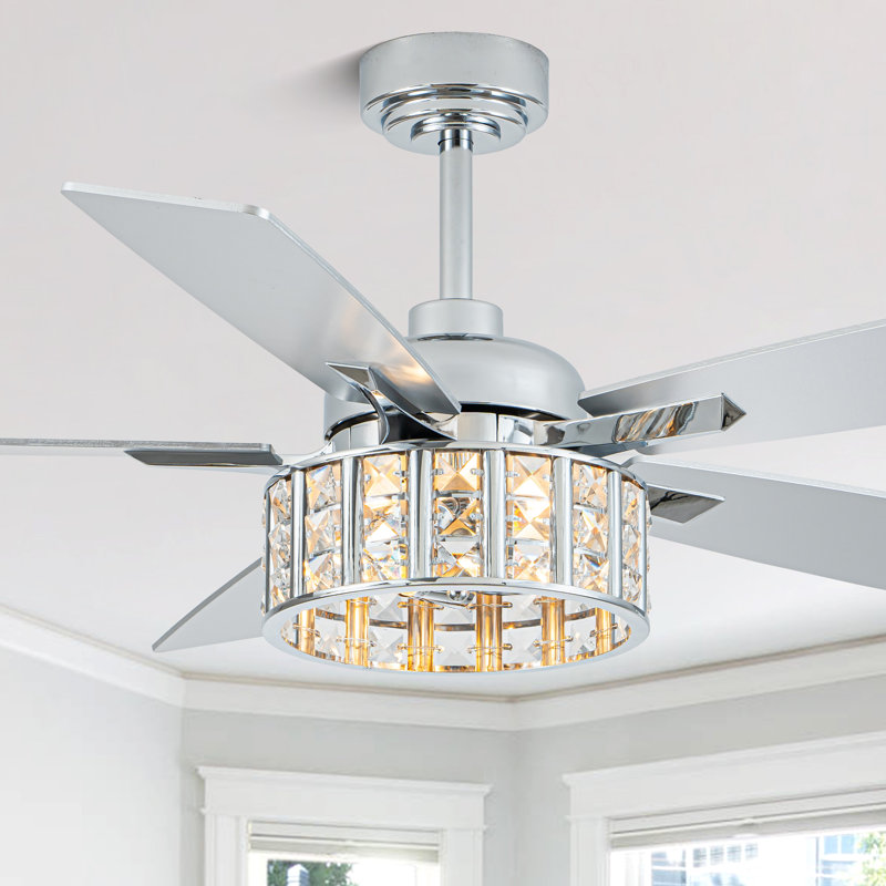 52 Inch Crystal Ceiling Fan With Light And Remote, Modern 6 Speeds Quiet Reversible DC Motor Chandelier Ceiling Fan