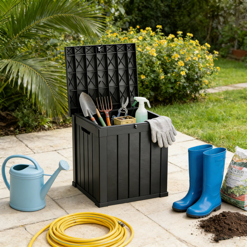 50 Gallon All-Weather Resin Deck Box, Woodgrain Outdoor Storage Bin for Patio, Garden, and Pool Essentials, Black