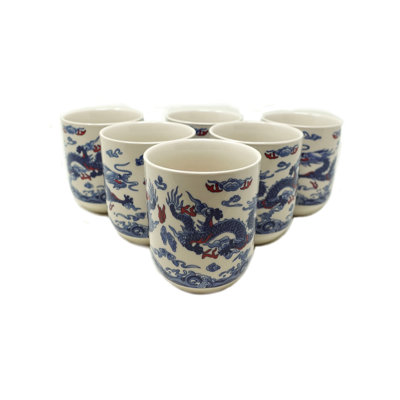Ensemble de 6 tasses à thé en céramique de conception orientale asiatique avec dragon bleu - capacité de 8 oz chacune