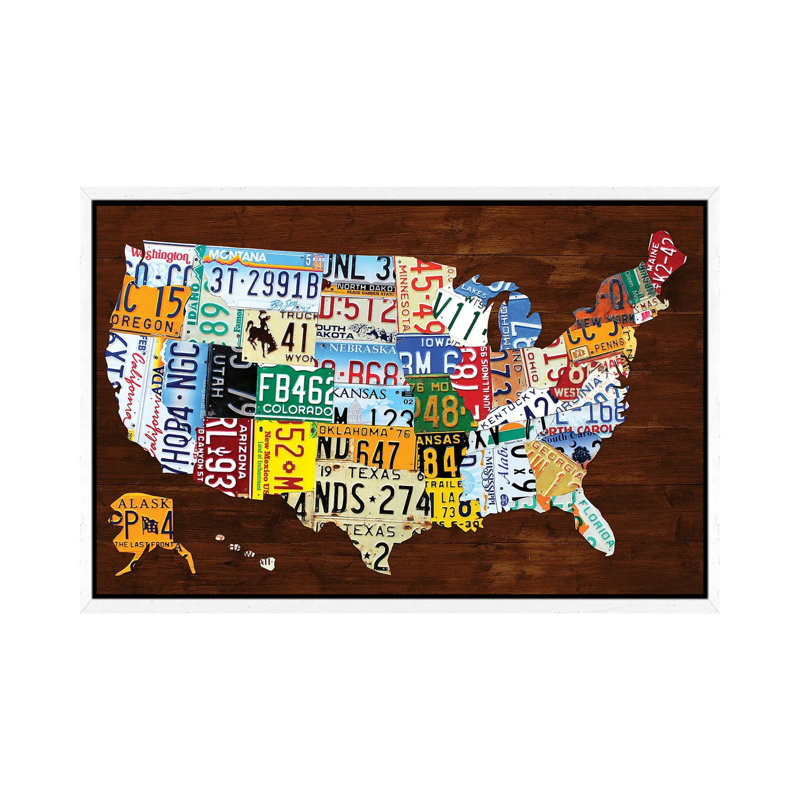 United States Of America License Plate Map 2018 - Print on Canvas, 101.6 cm H x 66.04 cm W, White Framed