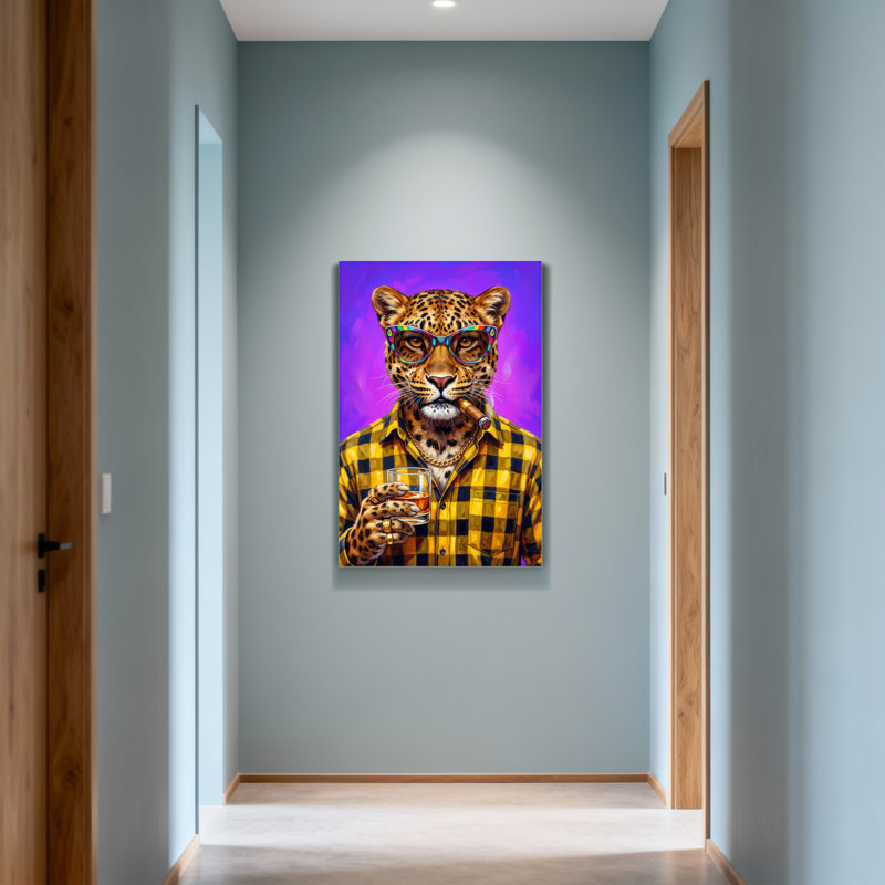 Animaux léopard portant des lunettes et un cigare avec boisson, H 40 po x l 28 po