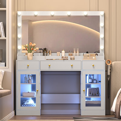 Vanity Desk with Lighted Mirror, RGB Glass Cabinet & Glass Top, White Makeup Dressing Table with 3 Drawers and 3 Color Modes for Bedroom