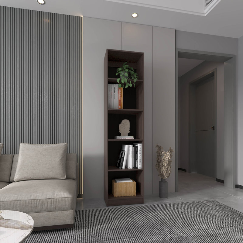 Bibliothèque étroite à 5 tablettes Home avec tablettes ouvertes, noyer teint pour un rangement efficace et un design élégant