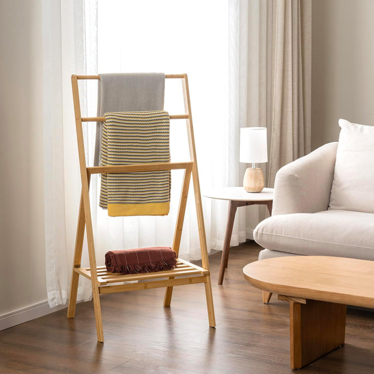 Freestanding Bamboo Towel Rack With Folding Design And Storage Shelf For Bathroom And Laundry Drying