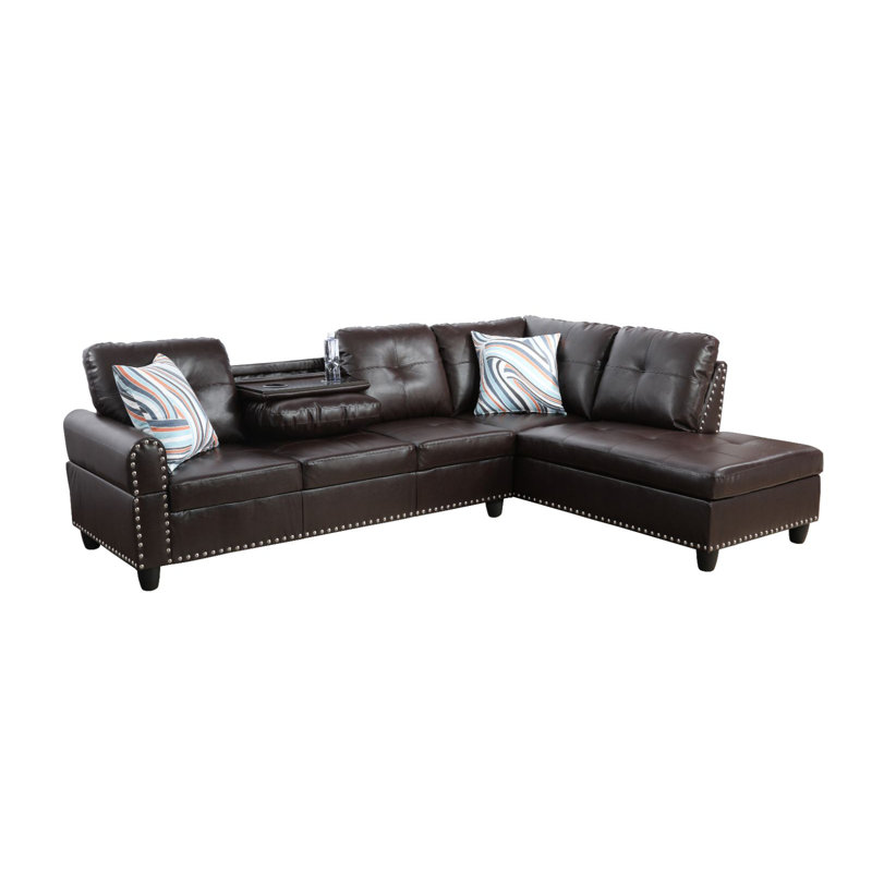 Mascotte Upholstered L-Shaped Sectional, Right Hand Facing, Brown Faux Leather