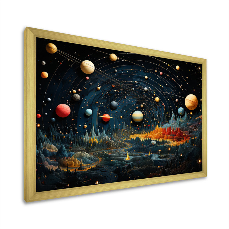 Impression sur toile, planètes colorées II, H 12 po x l 20 po x P 1 po, Cadre doré simple