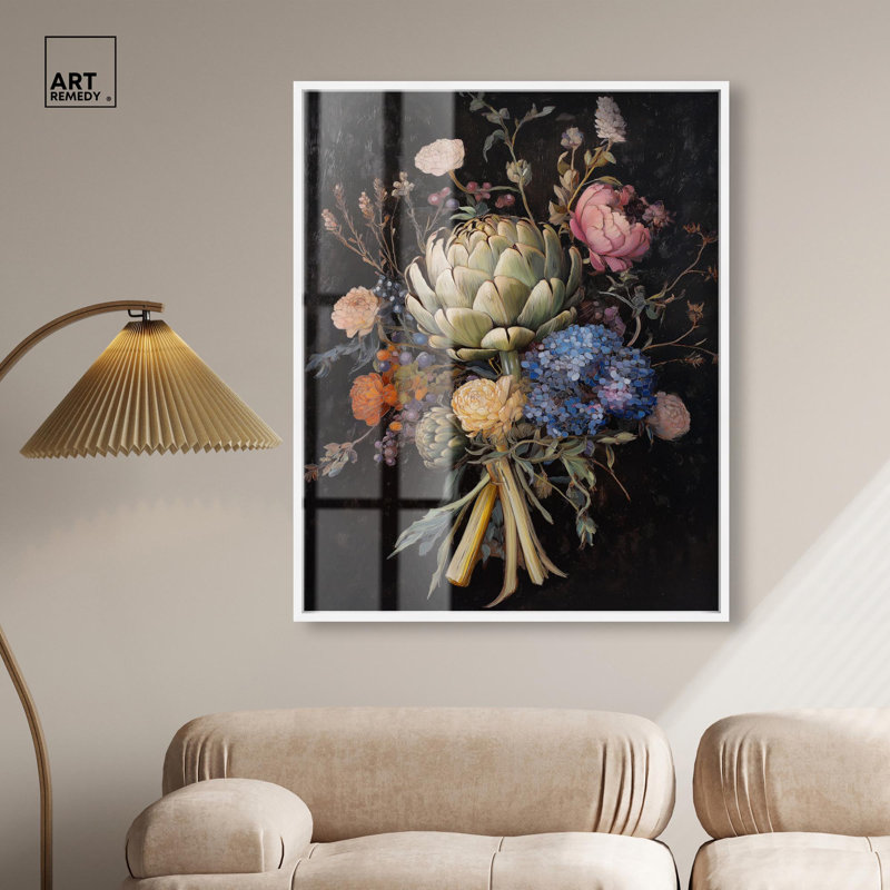 Décoration murale gothique «Moody Artichoke II Shadowbox» par Art Remedy, H 46 po x l 37 po, Blanc