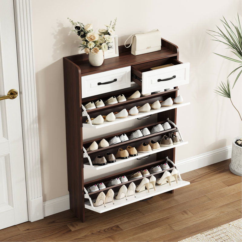 Range-chaussures moderne de couleur noyer avec compartiments réglables, pour tablettes d'armoire d'entrée, rangement pour véranda