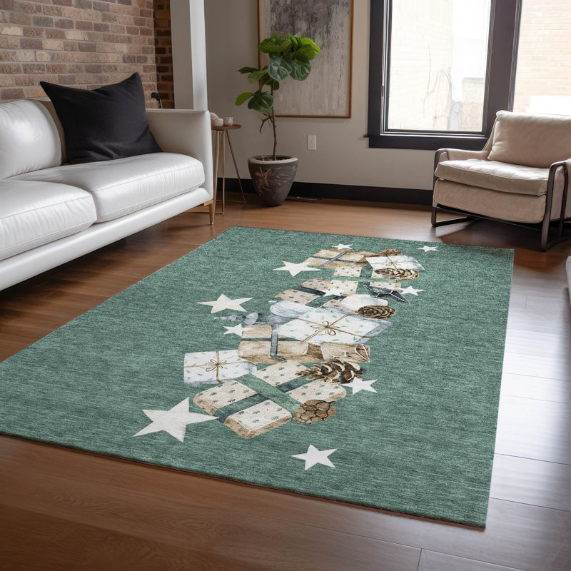 Machine Washable Indoor/Outdoor Christmas Presents Xhevrie Seafoam Rug, Rectangle 8' x 10'