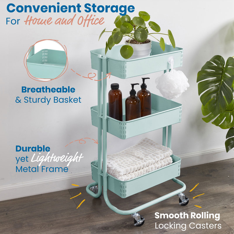 Teal 3-Tier Metal Rolling Utility Cart with Mesh Baskets