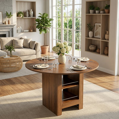 Table de salle à manger ronde de 42 po avec 2 tablettes de rangement à 2 niveaux, table de cuisine à piédestal moderne pour 4 personnes, table en bois manufacturé à finition noyer peu encombrante pour petits espaces (table seulement)
