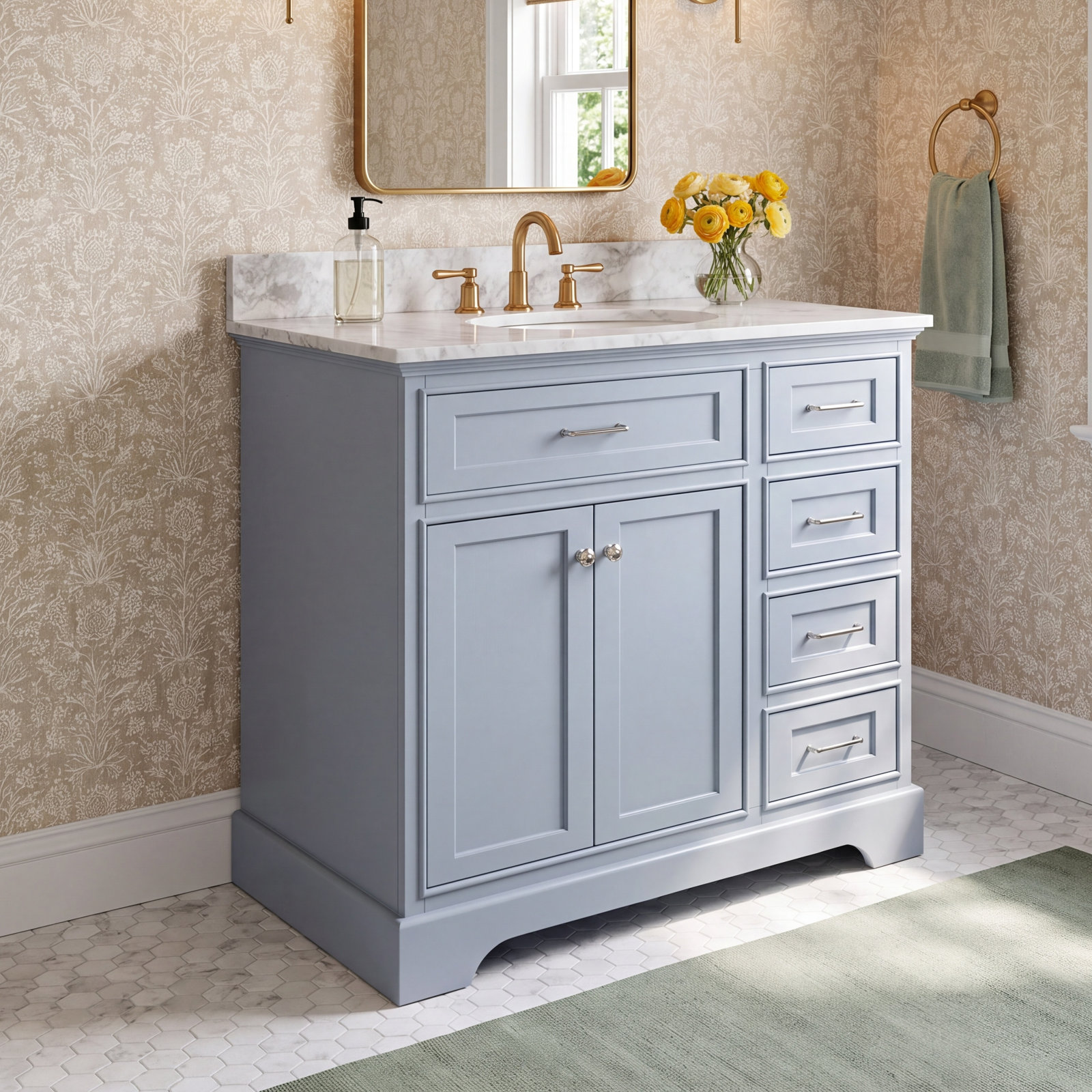 36 " Pine Single Bathroom Vanity, Powder Blue, Carrara Marble