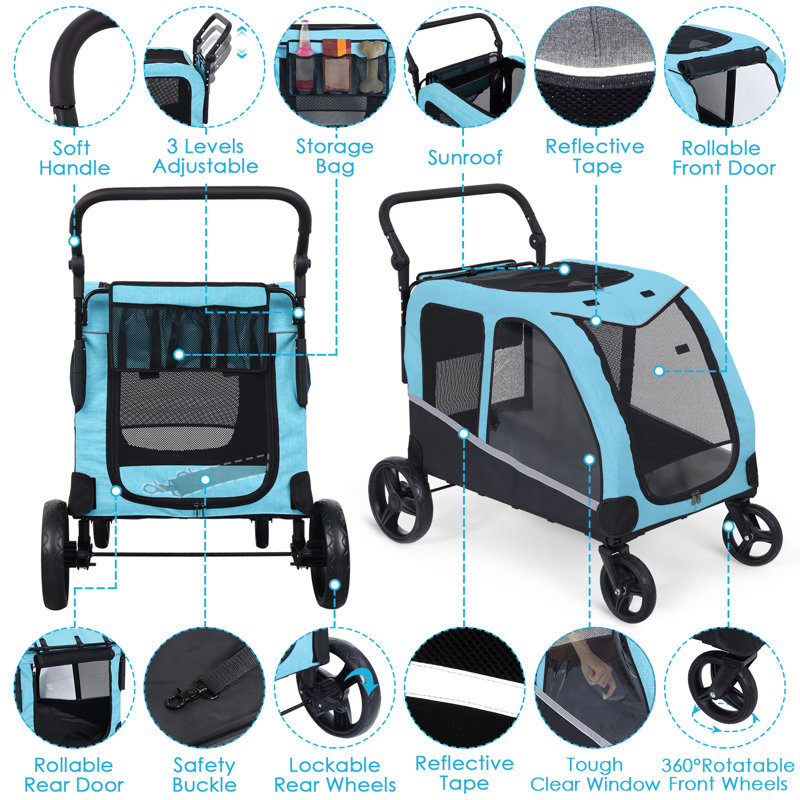 Stroller for Large Dogs, Extra Large Pet Stroller for Medium 2 Dogs, Dog Wagon, Dog Carriage, Foldable Design, Adjustable Handle, Red