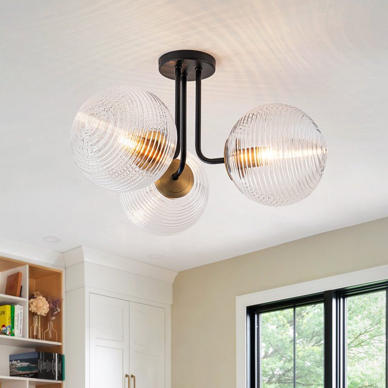 Kaynen 3-Light Modern Sputnik Semi Flush Mount With Ribbed Glass Shades, Matte Black/Gold