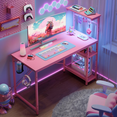 Monike 44'' W Computer Desk With Led Lights & Reversible Storage Shelves,Home Office Desk With Hooks, CPU Stand,Cup Holder and Cloud Magnets.
