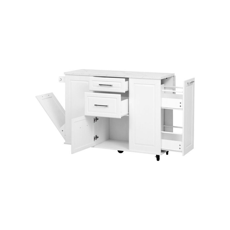 50.7-Inch White Kitchen Island With Storage, Tilted Trash Bin Cabinet, And Pull-Out Cabinet Organizer. 5-Wheel Rolling Kitchen Island With Folding Panel, Suitable For Kitchens And Dining Rooms.