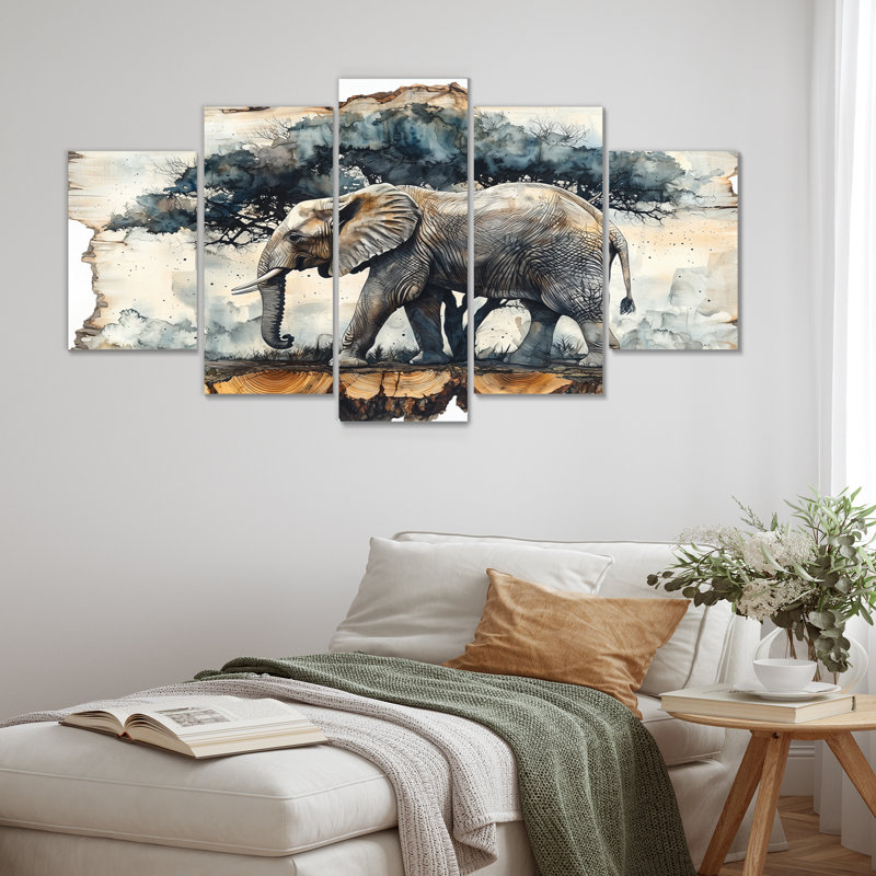 Éléphant sous le baobab, diapositive en bois IV - éléphant, art mural - décoration murale moderne