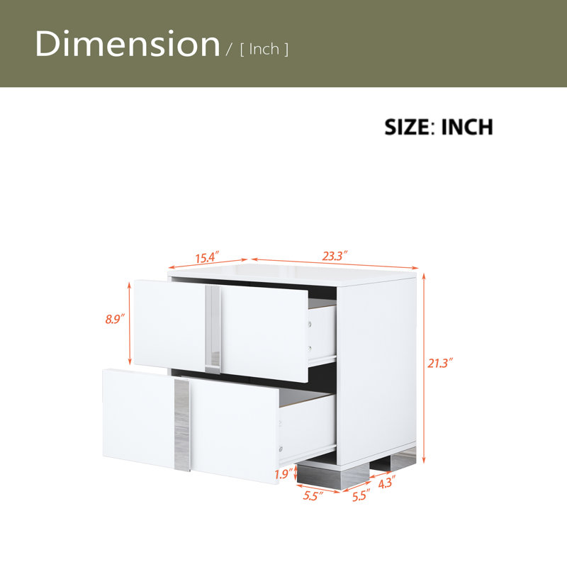 Table de chevet élégante avec poignée en métal et table de chevet à miroir avec 2 tiroirs, Blanc