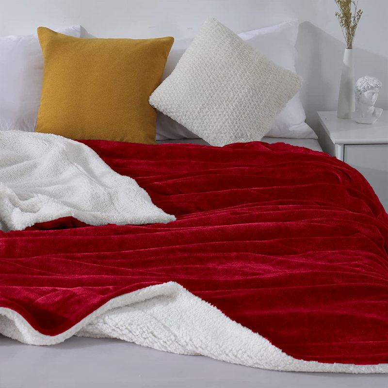Sherpa Fleece Fur Thick Reversible Blanket Throw, 240cm x 200cm, Burgundy