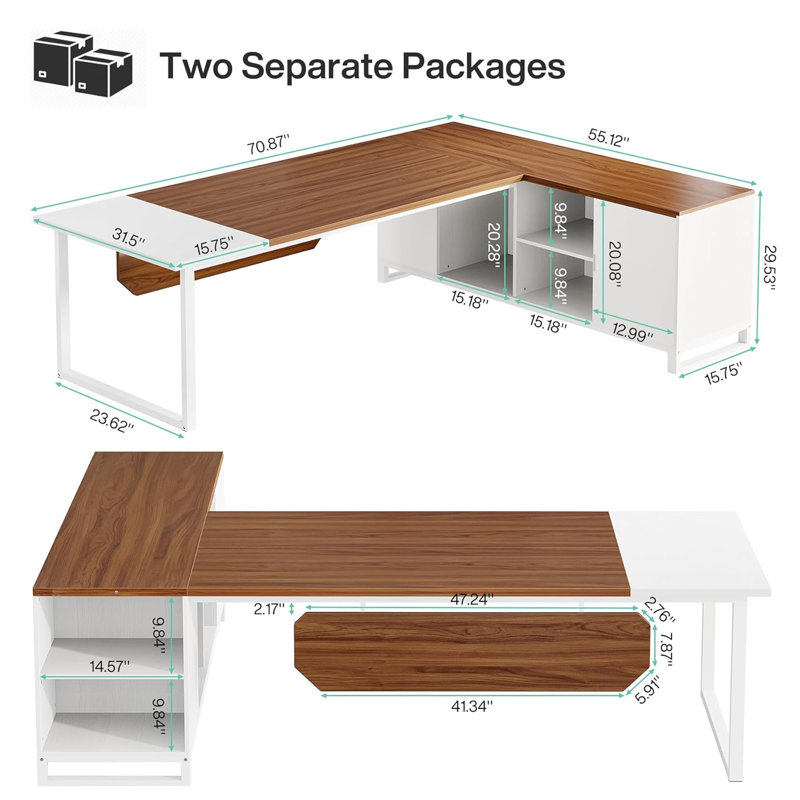 70.8" Industrial L-Shaped Desk with File Cabinet, Walnut/White