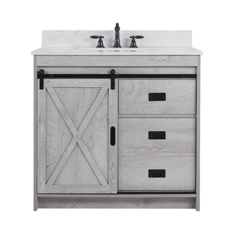Jillian 36'' Single Bathroom Vanity with Engineered Stone Top, White Wash/Matt Black