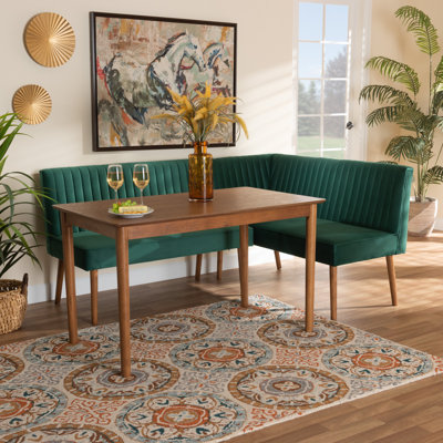 Frederickson Alvis Mid-Century Modern Emerald Green Velvet Upholstered And Walnut Brown Finished Wood 3-Piece Dining Nook Set by Everly Quinn